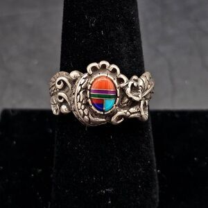 Native American Sterling Silver Inlay Cabochon Ring Nature Leaf SIGNED SIZE 7.75